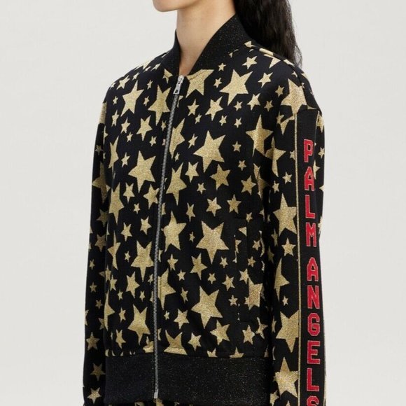 NWT $810 Palm Angels Black Gold Star Metallic Zip Up Jacquard Bomber Jacket XS - Picture 1 of 16